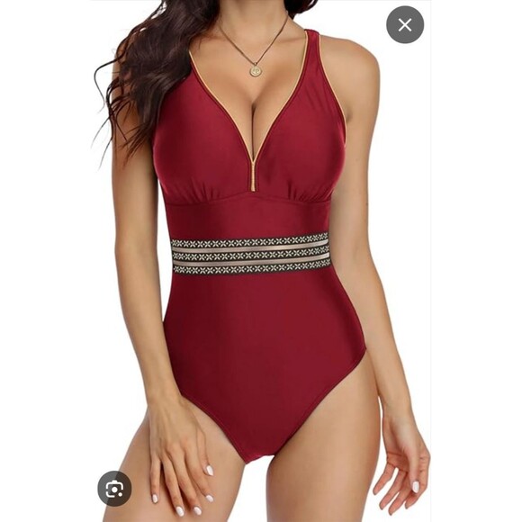 Red One-Piece Swimsuit – Size M – Metallic Gold Piping & Sheer Floral Waist Band - Picture 1 of 10